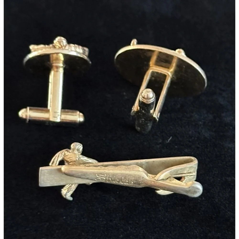 Vintage Shields Gold Tone Bowling Bowler Cufflinks &‎ Tie Clip